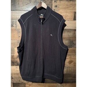 Tommy Bahama Vest Mens XXL Black Full Zip Sleeveless 100% Cotton Casual Outdoors